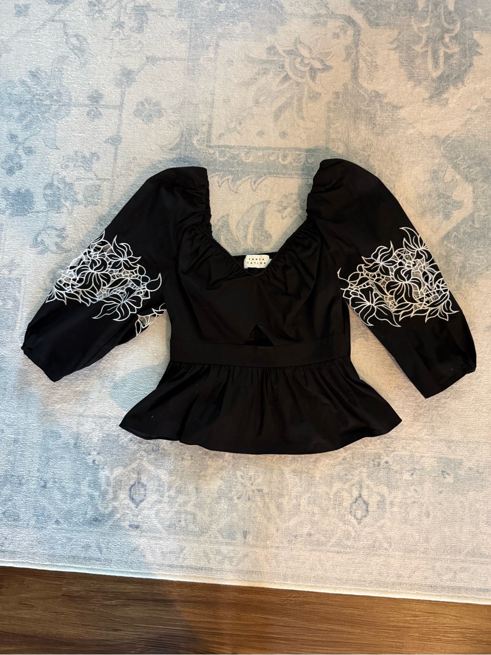 NWOT Tanya Taylor Black Peplum Puff-Sleeve Top with White Floral Embroidery